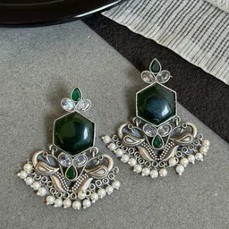NAMAN ARTS Silver-Plated Stones Studded & Beaded Geometric Shaped Oxidized Drop Earrings-image-47