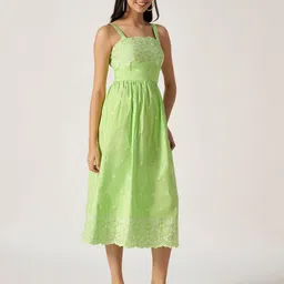 House of Sal Shoulder Straps Embroidery Cotton Fit & Flare Midi Dress image 3