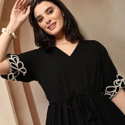 Tzelynn Women Embroidered V-Neck Tie-Ups Cotton Fit & Flare Dress-image-3