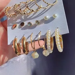 PolluxCraft Set Of 9 Korean Gold Plated Pearls Stones Circular Shaped Hoop Earrings image 3