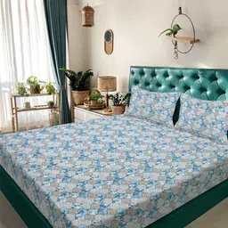 Myntra Elegant Homes Blue & Green Floral 300 TC King Bedsheet with 2 Pillow Covers-picture-25