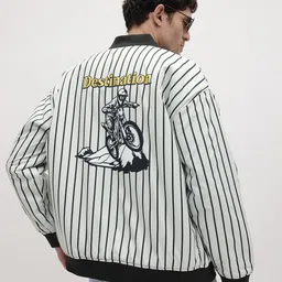 The Roadster Life Co. Striped And Graphic Printed Stand Collar Bomber Jacket-picture-43