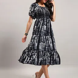 Raiyani Fashion Abstract Printed Puff Sleeves Tiered Fit & Flare Midi Dress-picture-25