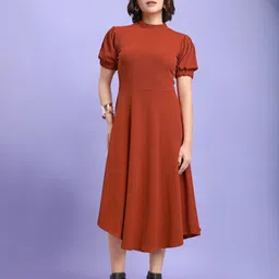 PURVAJA Women Mock Neck Puff Sleeve Fit & Flare Midi Dress-picture-20