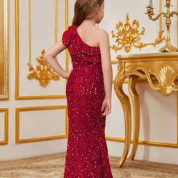 FOLENNE Embellished One Shoulder PU Coated Velvet Maxi Dress image 2