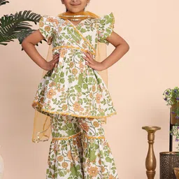 Cutiekins Girls Floral Printed V-Neck Gotta Patti A-Line Kurta With Sharara & Dupatta image 2