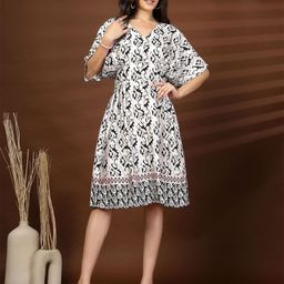plusS Women Abstract Printed V-Neck Kimono Sleeves Fit & Flare Dress-picture-2