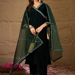 House of Pataudi V-Neck Straight Kurta With Trouser & Dupatta-picture-35