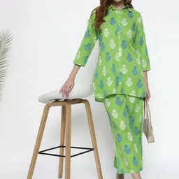 KALINI Printed Pure Cotton Shirt Collar Tunic With Trousers-image-62