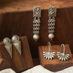 NAMAN ARTS Set Of 3 Silver-Plated Oxidised Spherical Shaped Drop Earrings-picture-27