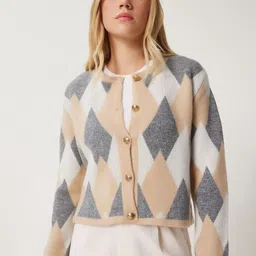 Happiness istanbul Women Argyle Crop Cardigan-picture-19