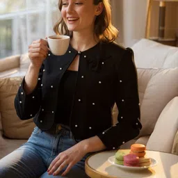 SFOTY Embellished Mandarin Collar Crop Open Front Shrug image 3