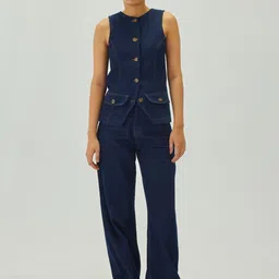 Shop Staple Women Blue Denim Oval Neck Waistcoat-picture-7