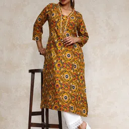 Varanga Floral Printed Cotton V-Neck A-Line Kurta-image-58