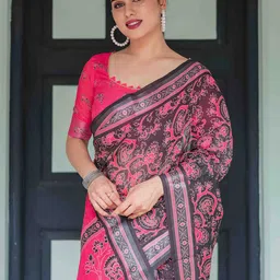 SGF11 Women Floral Pure Linen Saree image 4