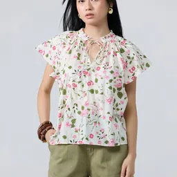 20Dresses Floral Print Tie-Up Neck Flutter Sleeve Cotton Top-picture-28