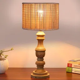 Devansh Beige & Brown Textured Wooden Cylindrical Shaped Table Lamp image 4