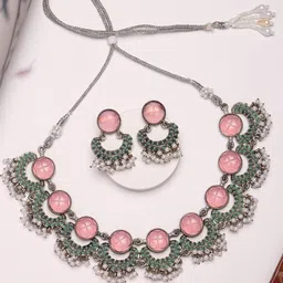 KARATCART Silver-Plated Carved Stone Oxidised Stone-Studded & Beaded Jewellery Set image 1