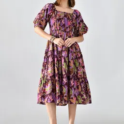 PTVIZE Abstract Printed Smocked Detail Puff Sleeve Crepe Fit and Flare Midi Dress-picture-10