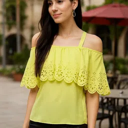 Moda Rapido Women Lime Green Solid Polyester Off-Shoulder Casual Top image 4