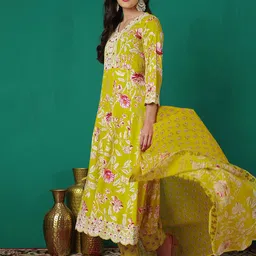 Sangria Embroidered Pure Cotton V-Neck Kurta & Trousers With Dupatta image 3