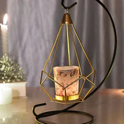 TAYHAA Black & Gold Toned Floral Printed Metal Glass Hanging Candle Holder-image-29