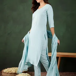 Sangria Blue Floral Yoke Design Sweetheart Neck Straight Kurta With Trouser & Dupatta image 2