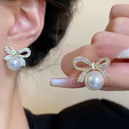 Anouk Gold Plated Artificial Pearls Beaded Contemporary Korean Drop Earrings image 5