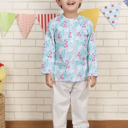 Polka Tots Boys Floral Printed Regular Pure Cotton Kurta with Pyjamas-picture-35