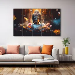 The Castle Decor Blue & Gold-Toned 5 Piece Wood Religious Wall Paintings-image-41