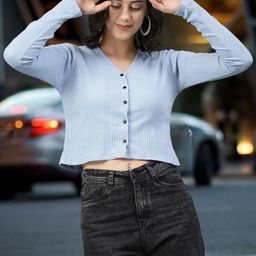 CORSICA CORSICA Women Light Blue Solid V-Neck Cotton Ribbed Fitted Crop Top-picture-17