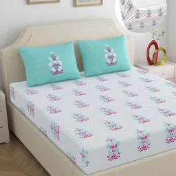 Home Ecstasy Teal & White Floral 140 TC Pure Cotton King Bedsheet Set 1.83 m x 1.98 m-picture-37