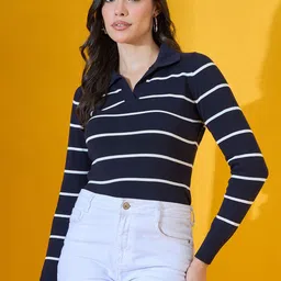 98 Degree North Striped Shirt Collar Cotton Pullover Sweater-picture-36