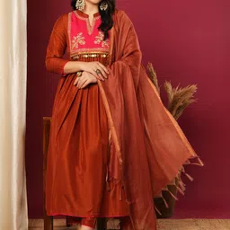 KALINI Floral Yoke Design Sequinned Anarkali Kurta with Trousers & Dupatta image 5