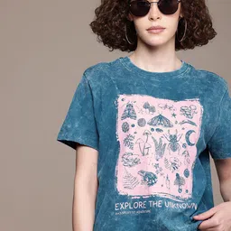 roadster Women Printed Round Neck Pure Cotton Blue T-Shirt-picture-24