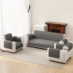 Lukzer Silver-Toned Velvet 3 Pieces 5-Seater Sofa Cover With Arms-image-5