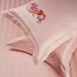 platina india Pink Stripped Bedsheet With Solid, Embroidery Pillows 800 Tc Cotton King Sized Double Bedsheet With 2 Pillow Covers image 4