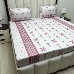 Pure Decor Royal Passion White & Pink Pure Cotton Double Bedsheet Set 2.28 m x 2.54 m-image-54