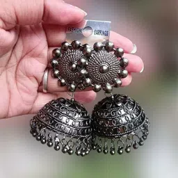 Sangria Silver Plated Artificial Beaded Oxidised Dome Shaped Jhumkas-picture-29