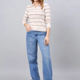 98 Degree North Women Striped Ribbed Shirt Collar Pullover Sweater-picture-16