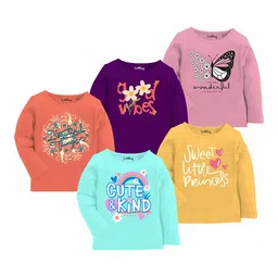 LITWAY Girls Pack of 5 Typography Printed Round Neck Cotton T-shirts-picture-57