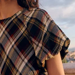 NEXT Checked Puff Sleeve Fit & Flare Midi Dress image 3