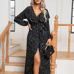 DressBerry Polka Dot Printed V Neck Puff Sleeve Midi Dress-image-6