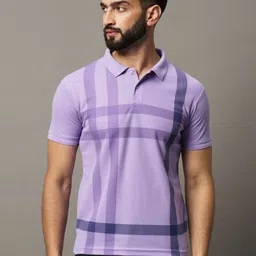 HUSHBUCKS Men Checked Polo Collar Raw Edge T-shirt-image-65