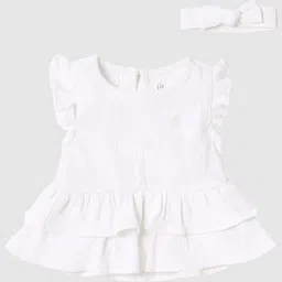 GAP Infant Girls Self Design Ruffle Round Neck A-Line Dress Comes with Bloomers & Hairband-picture-4