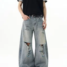 StyleCast Men Wide Leg Mid-Rise Highly Distressed Heavy Fade Jeans image 5
