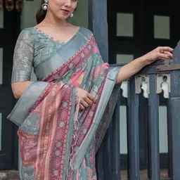 ALMAARI FASHION Floral Pure Linen Banarasi Saree image 4