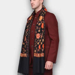 WEAVERS VILLA Men Black & Peach-Coloured Embroidered Stole image 4