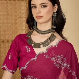 Sangria Floral Embroidered Saree with Unstitched Blouse image 3