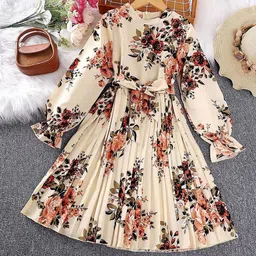 White World Girls Floral Print Bishop Sleeve Fit & Flare Midi Dress-image-86